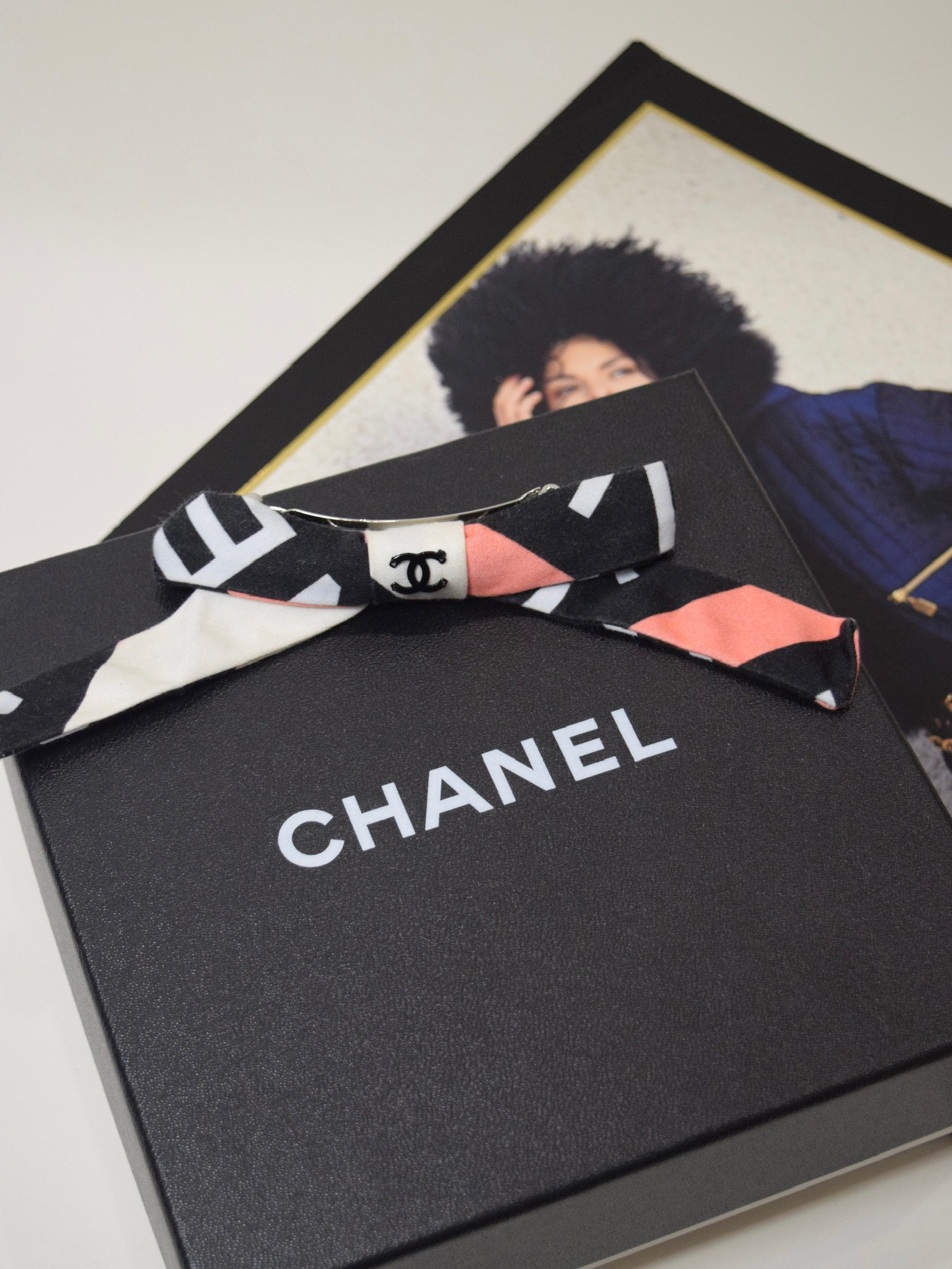 Chanel silk bow hair barrette 22S multicolor CC logo center hair accessory