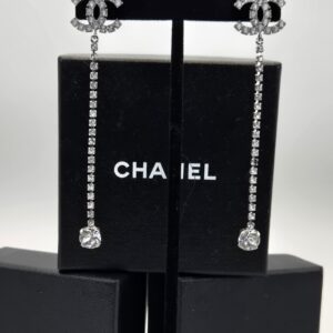 Chanel B18S long CC crystal drop earrings 3 inch rhinestone dangle designer earrings