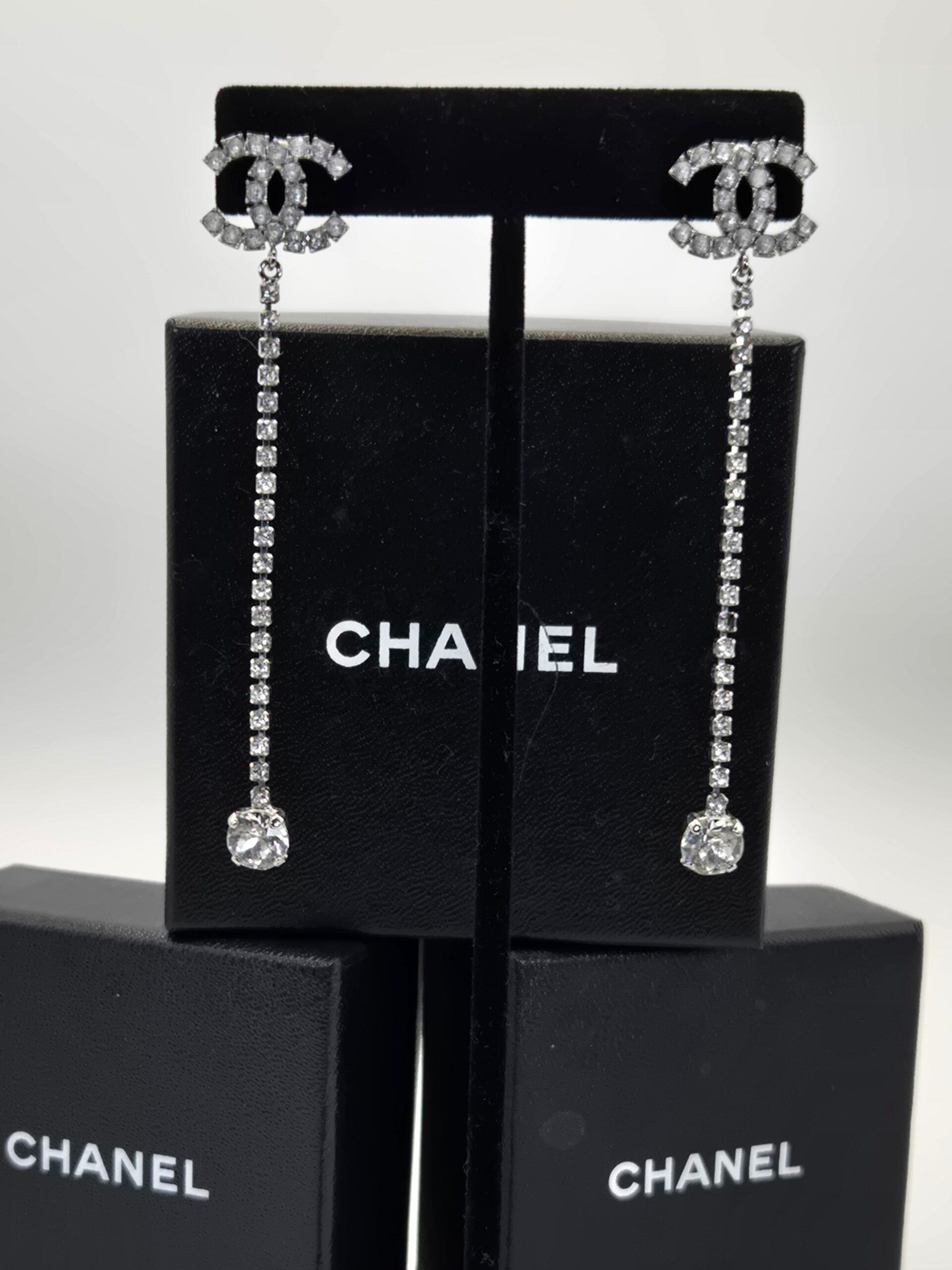 Chanel B18S long CC crystal drop earrings 3 inch rhinestone dangle designer earrings