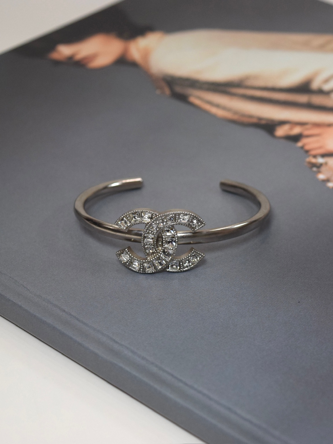 Chanel silver crystal CC bangle 15P open cuff bracelet 6.5 inch
