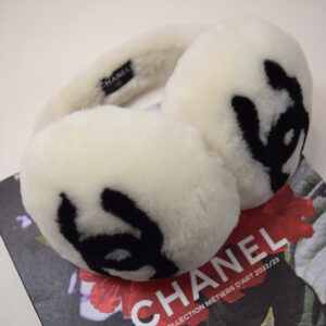 Chanel white furry earmuffs with black CC logo 2021