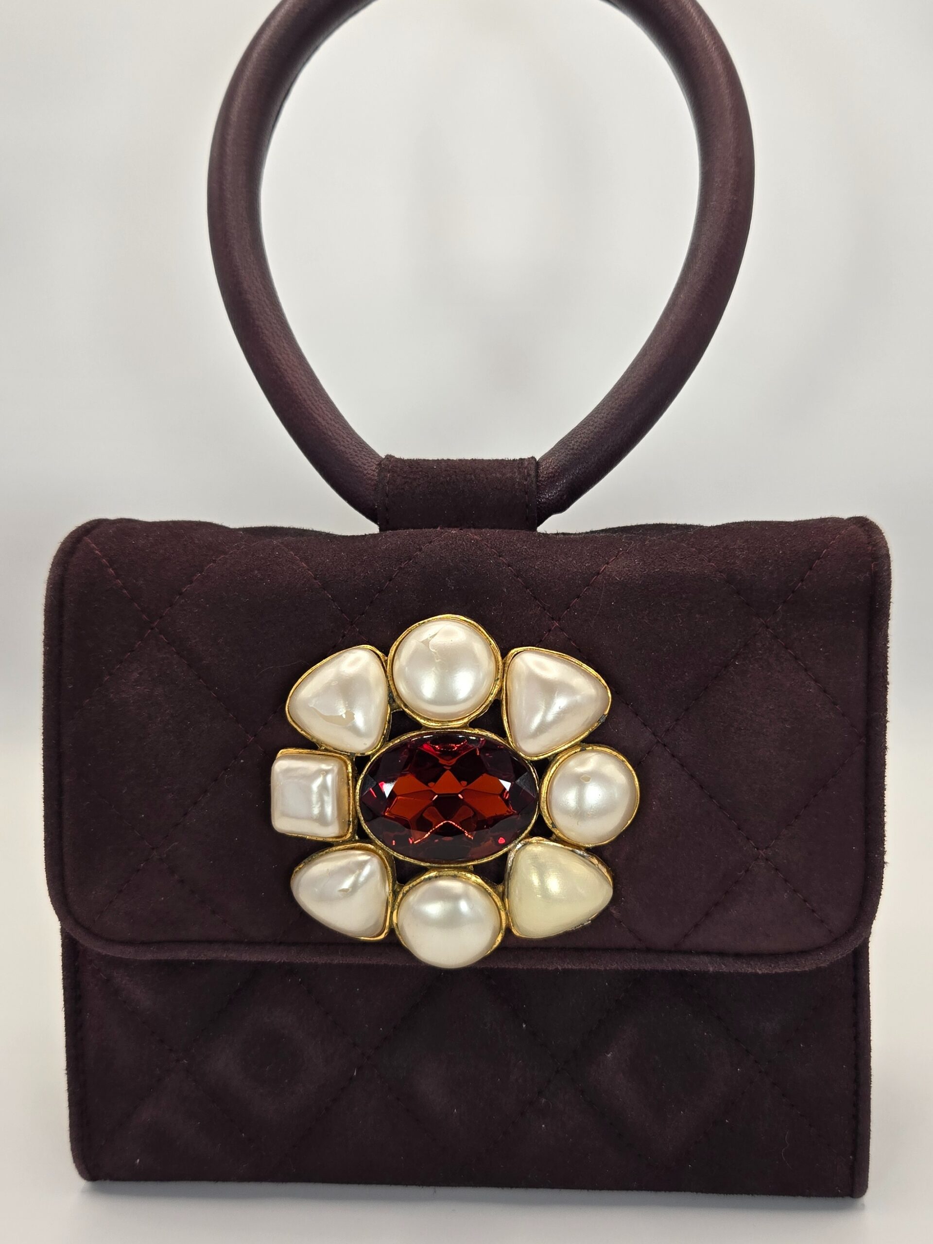 Chanel series 1 vintage suede evening bag merlot quilted with gripoix and faux pearl detail 1990s