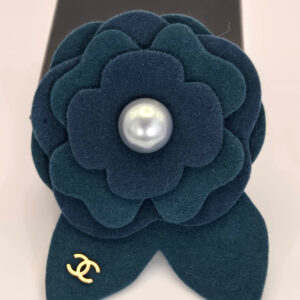 Chanel Camelia brooch teal felt flower with pearl center CC logo 02A 3.5 inch