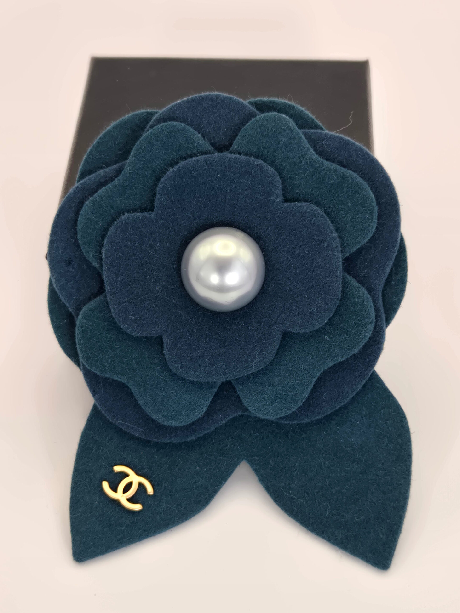 Chanel Camelia brooch teal felt flower with pearl center CC logo 02A 3.5 inch