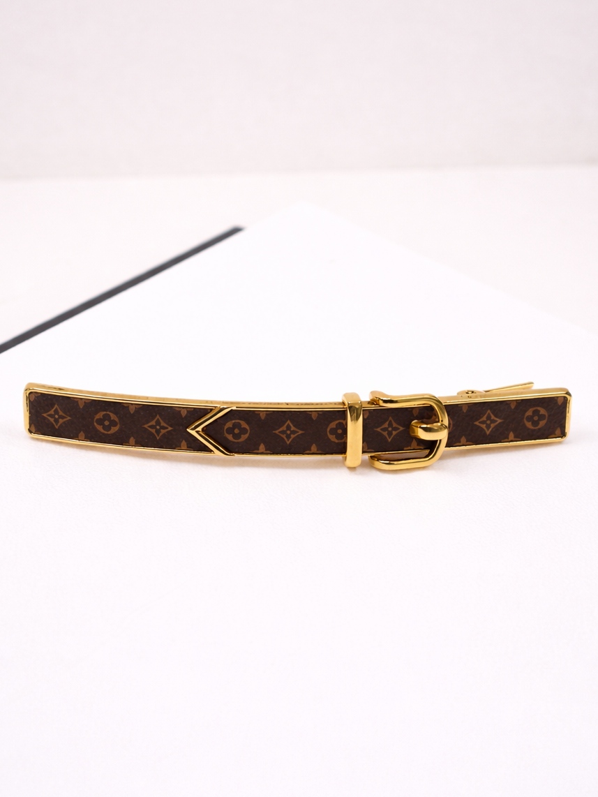 Louis Vuitton LV monogram hair clip brown luggage tag style gold buckle barrette 4.25 inch