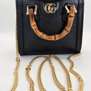 Gucci Diana black mini bag bamboo handle grained leather gold chain strap super mini handbag