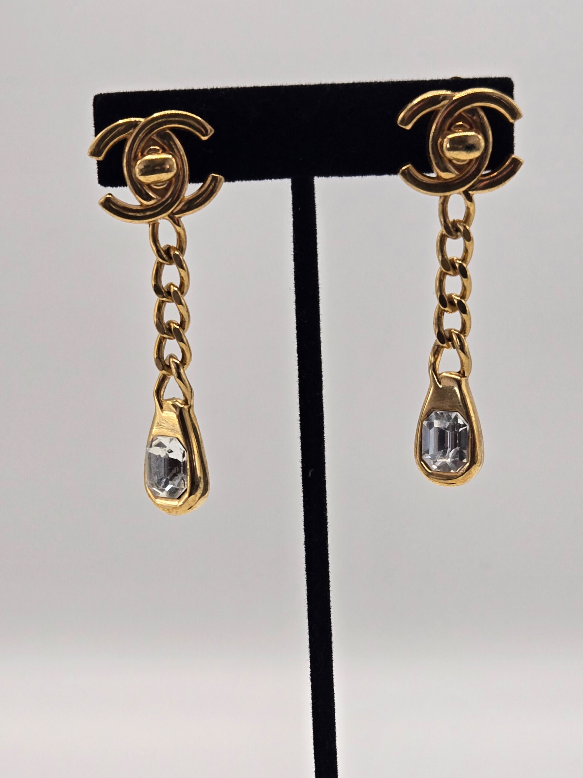 Chanel 1997 gold-plated turnlock chain earrings with crystal