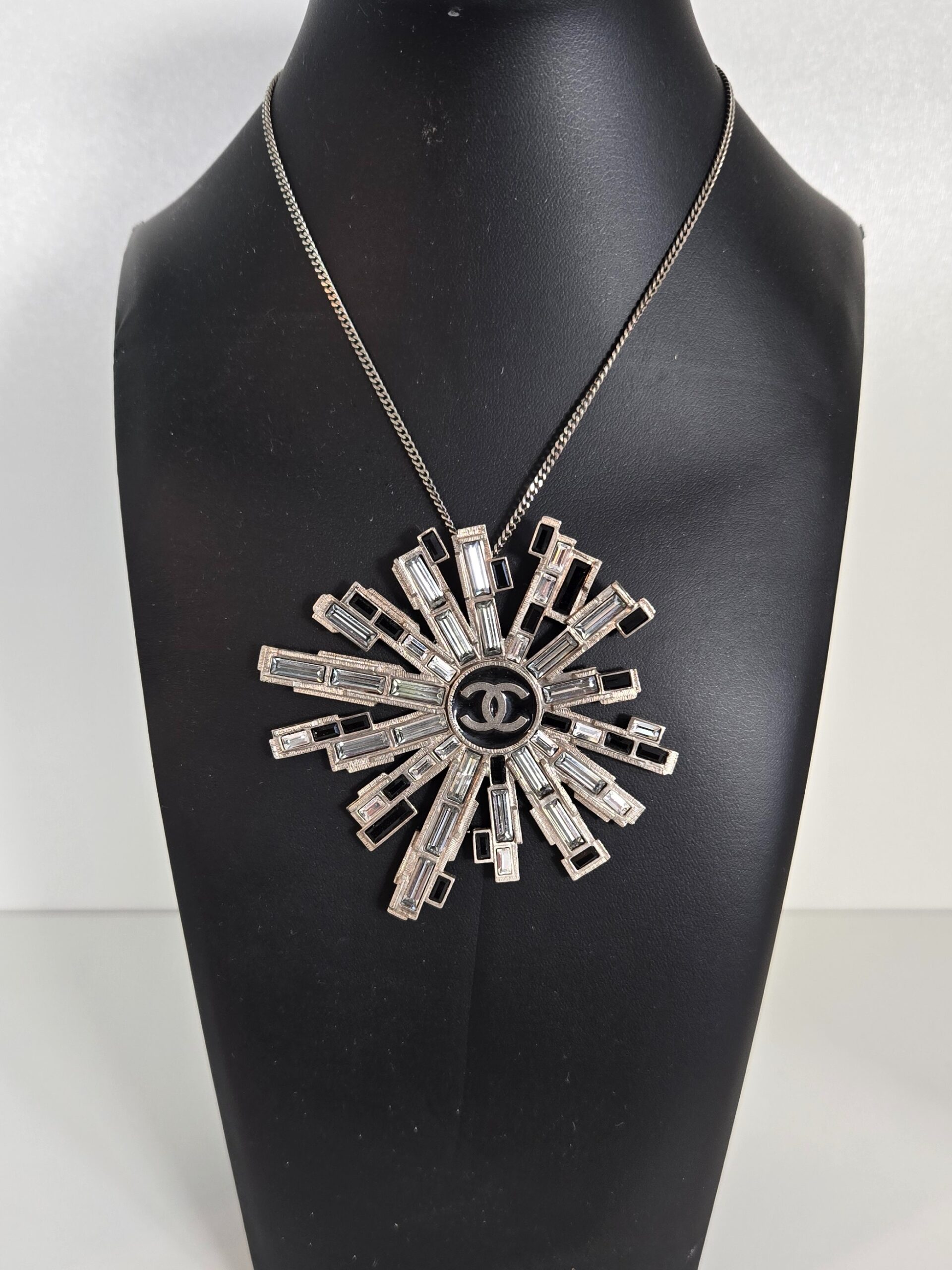 Chanel 05A crystal starburst CC necklace XL 3.25 inch pendant silver hardware statement piece