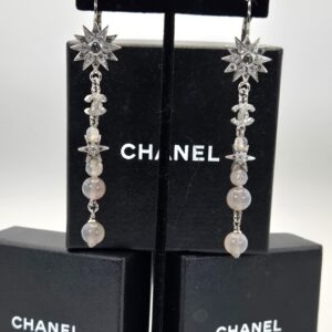 Chanel 15A long star crystal dangle earrings silver tone with pearl bead drops 3.5 inch
