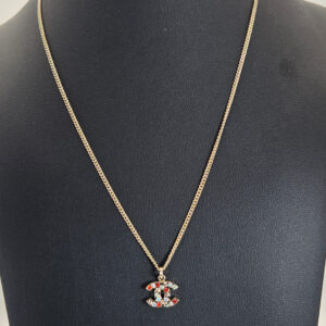 Chanel small multicolor crystal CC necklace 04A gold chain 16 inch pendant