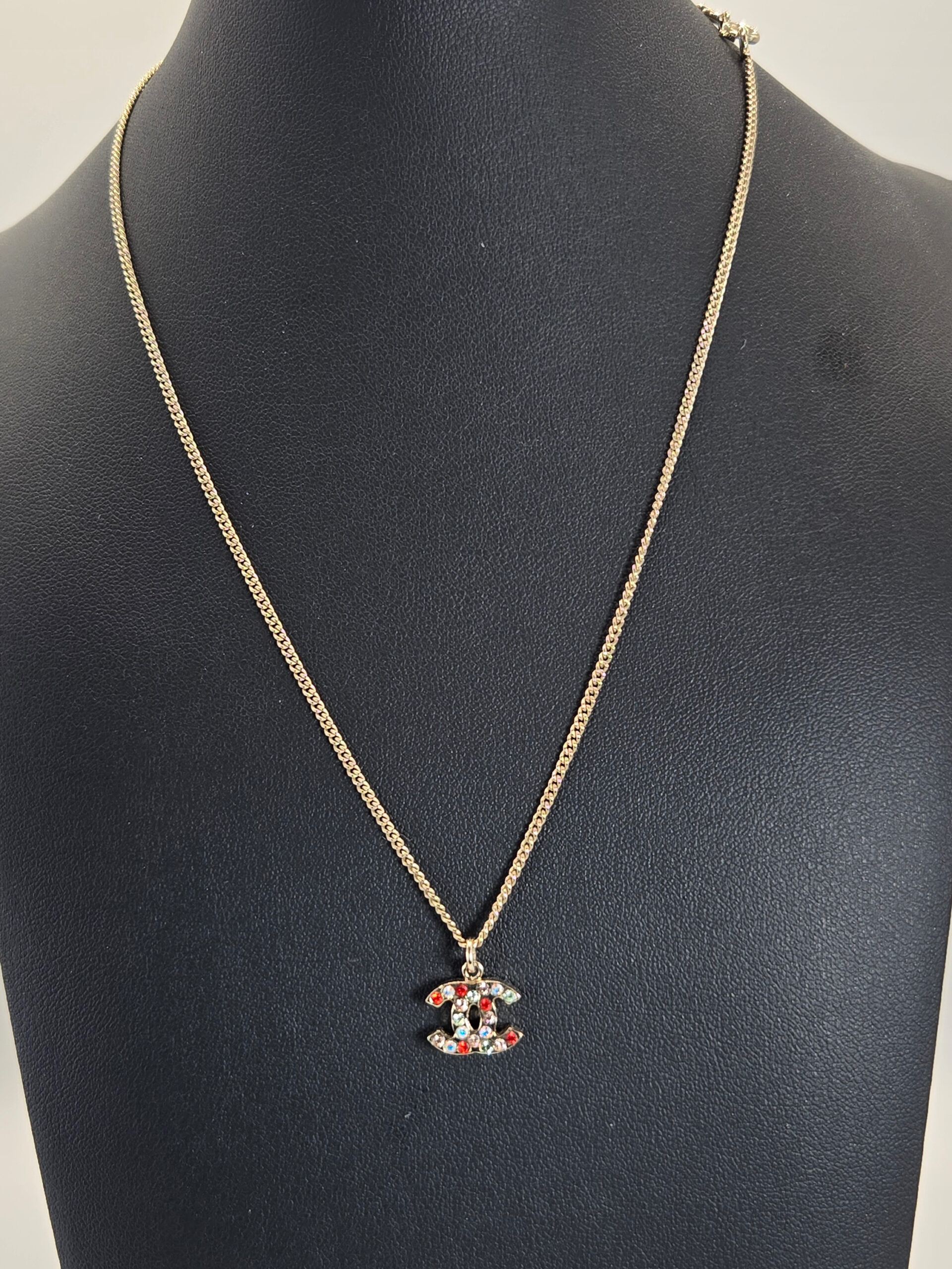 Chanel small multicolor crystal CC necklace 04A gold chain 16 inch pendant