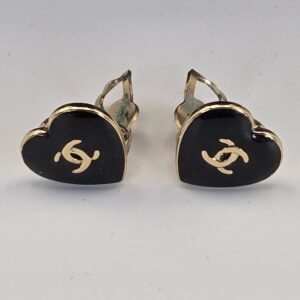 Chanel black heart CC logo clip on earrings gold tone 04A