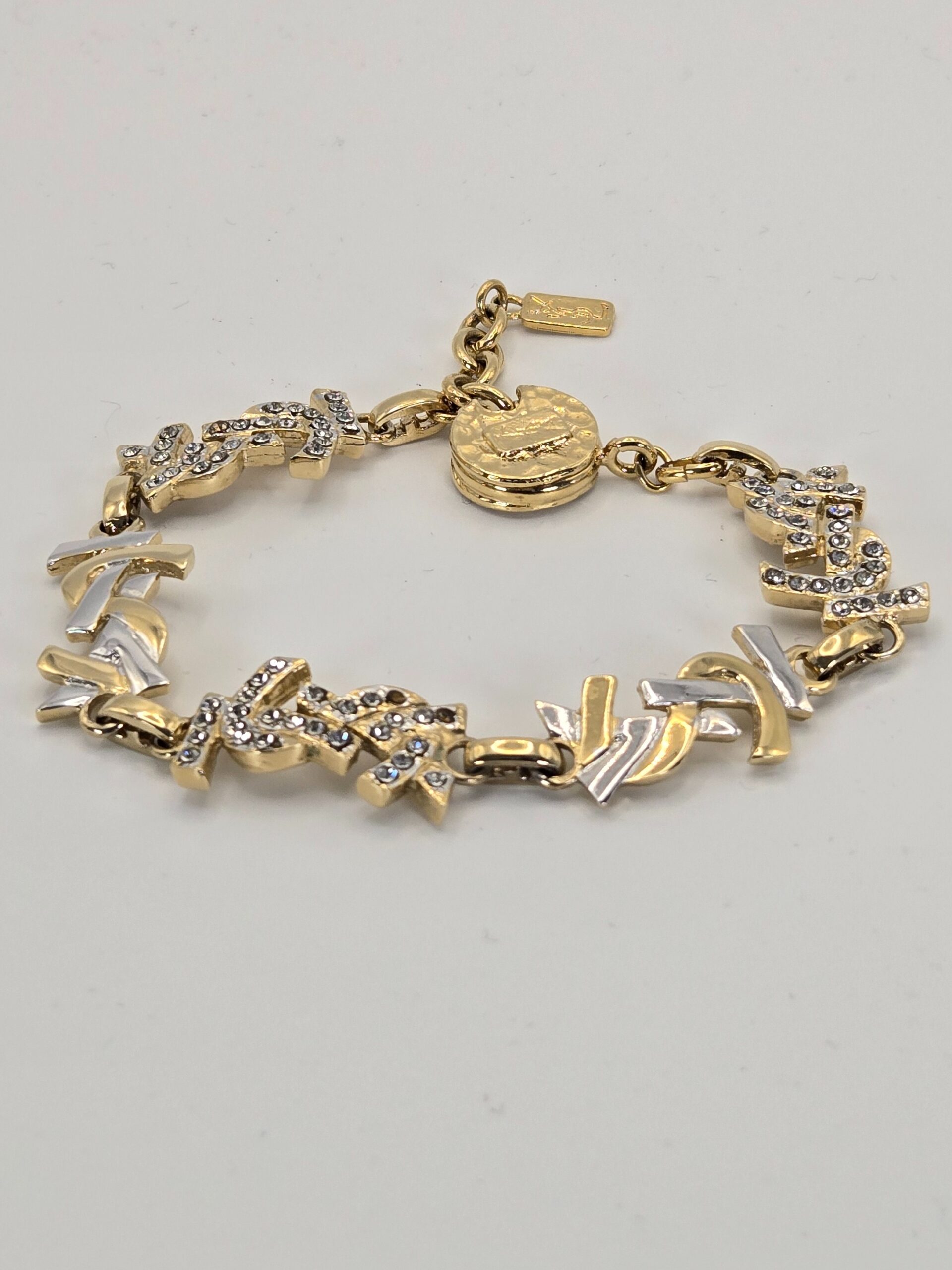 Saint Laurent YSL crystal bracelet mixed gold silver tone adjustable chain bracelet