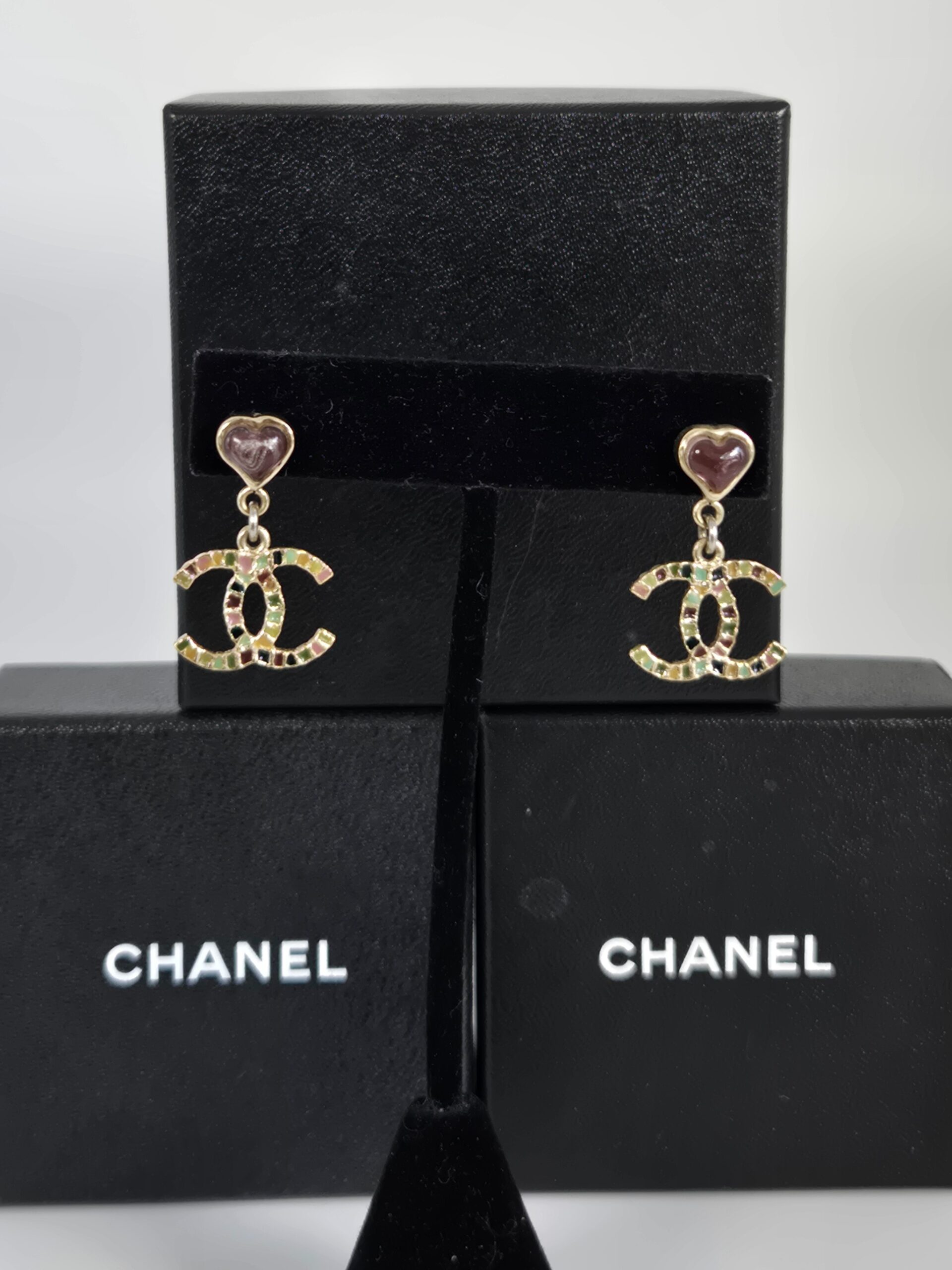 Chanel heart CC logo earrings 08A gold tone 1.25 inch