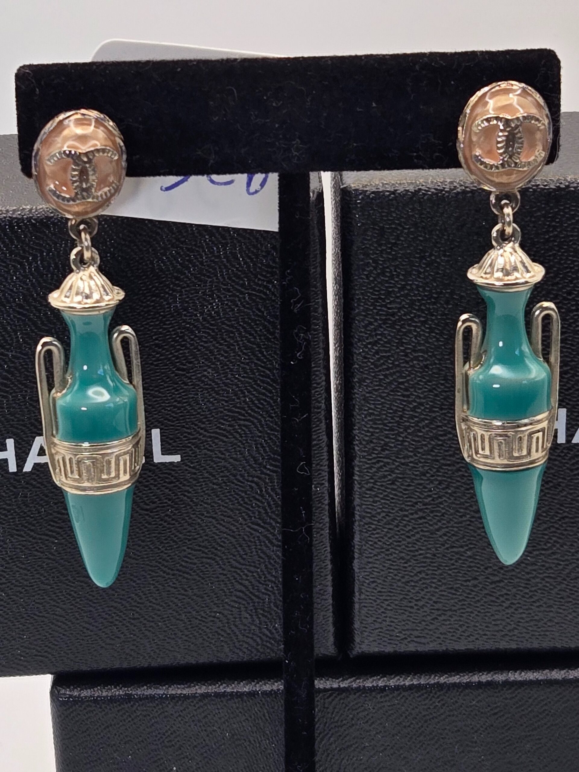Chanel Paris Greece 2018C urn shaped turquoise drop earrings 2.25 inch