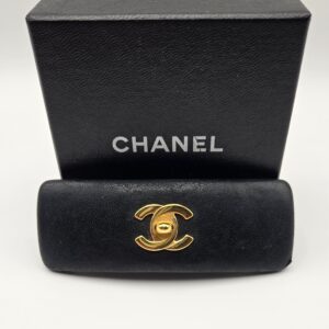 Chanel vintage turnlock CC barrette black leather gold logo hair accessory 90s