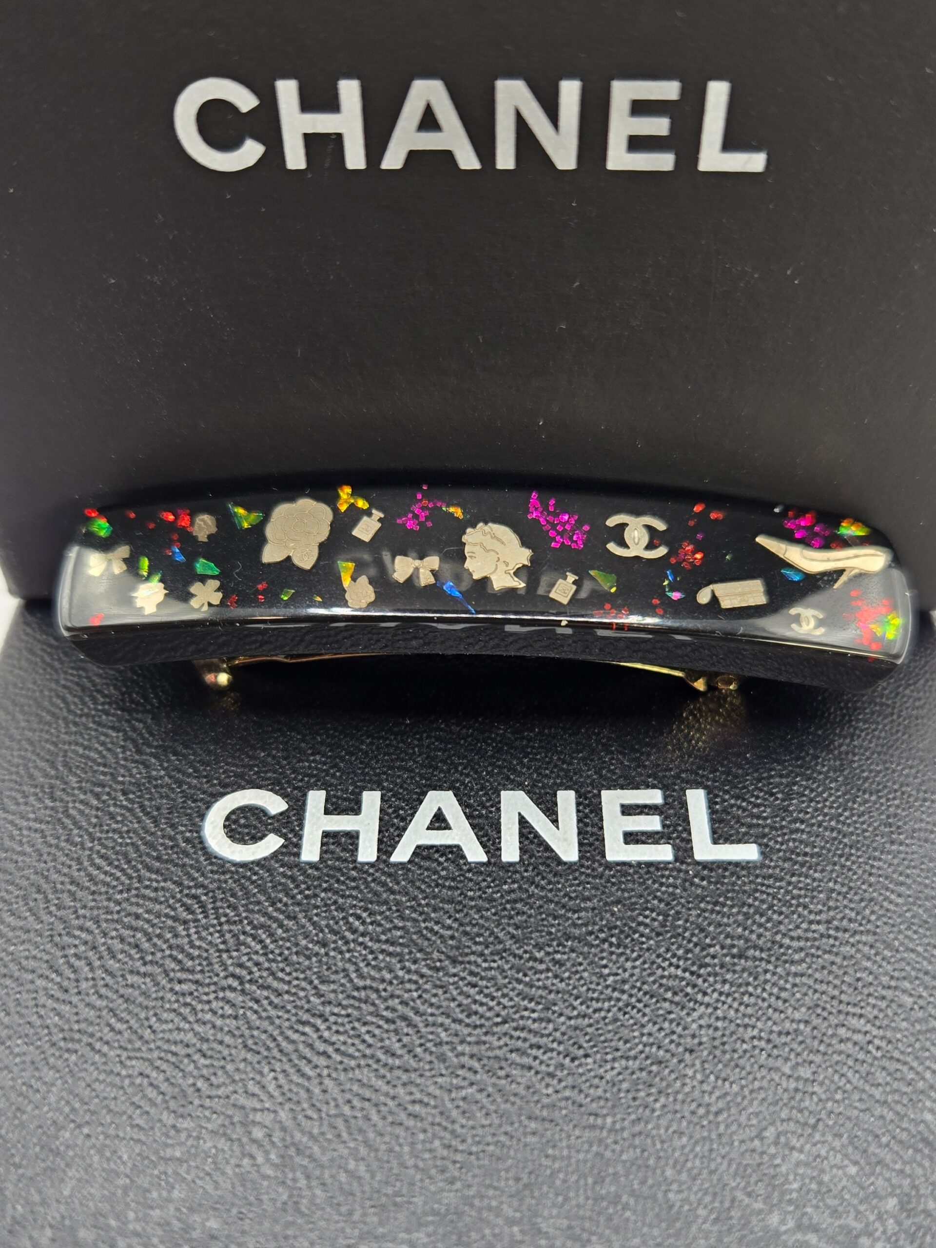 Chanel 06A icons hair barrette black resin multicolor 2.75 inch