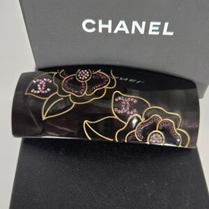 Chanel 09A black floral hair barrette with purple and red crystal flowers 3.75 inch