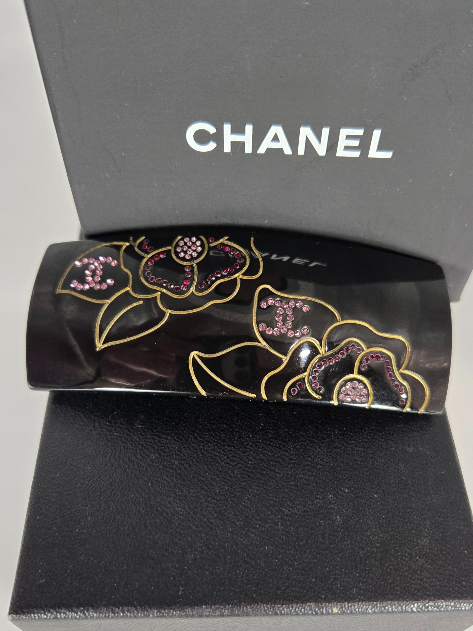 Chanel 09A black floral hair barrette with purple and red crystal flowers 3.75 inch