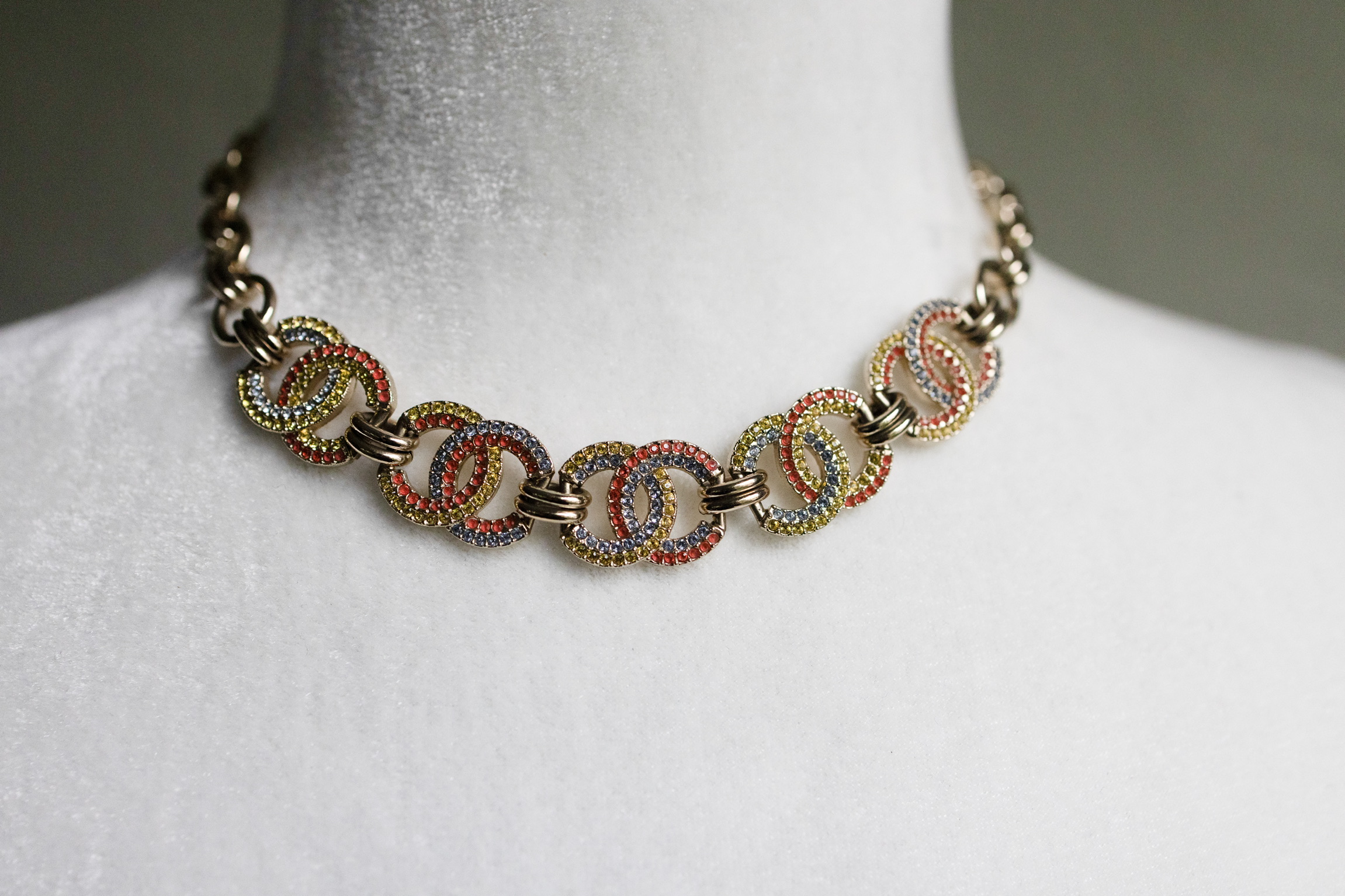 Chanel A23C Crystal CC Logo Choker Necklace – Tricolor Rhinestones, Adjustable