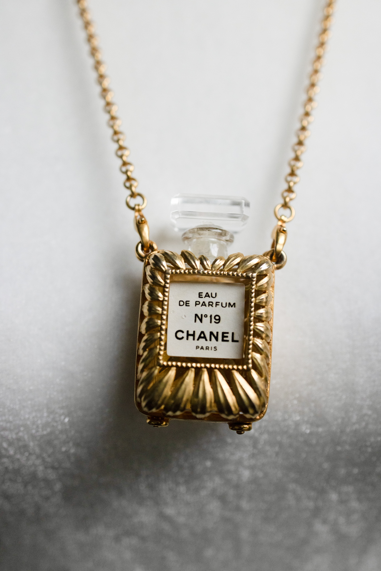 Chanel No. 19 Perfume Bottle Pendant Necklace – Gold Tone 22"