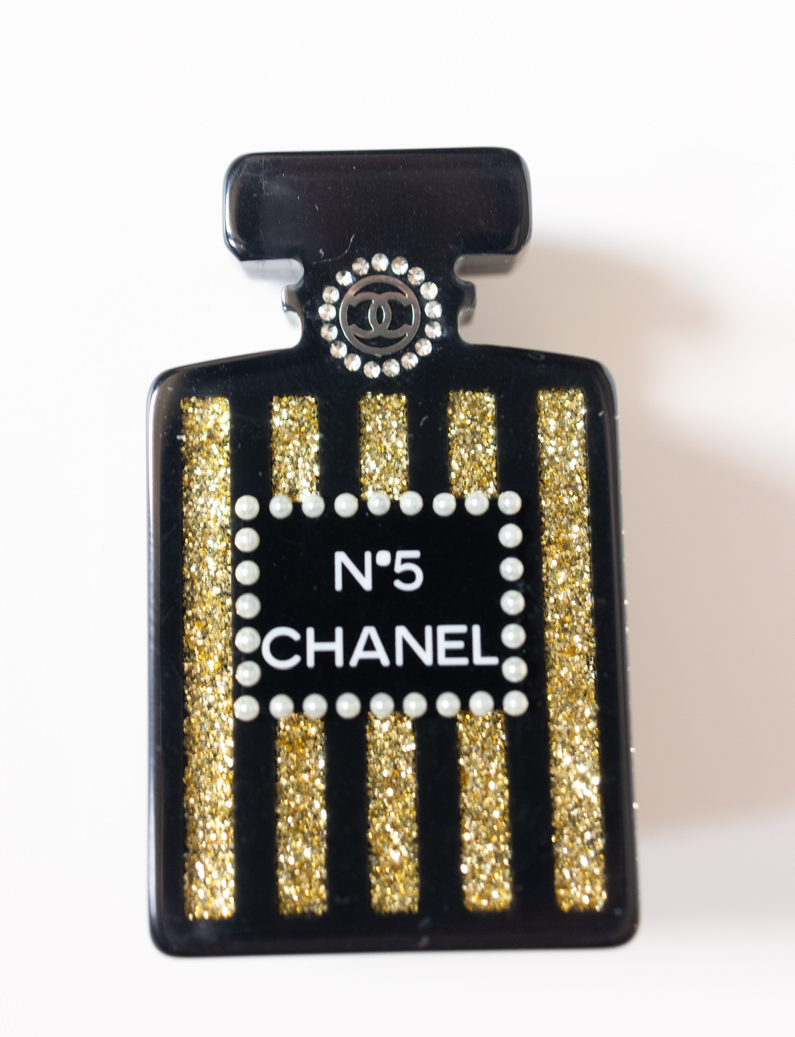 Chanel 17A No. 5 Perfume Bottle Brooch – Black and Gold, 2"