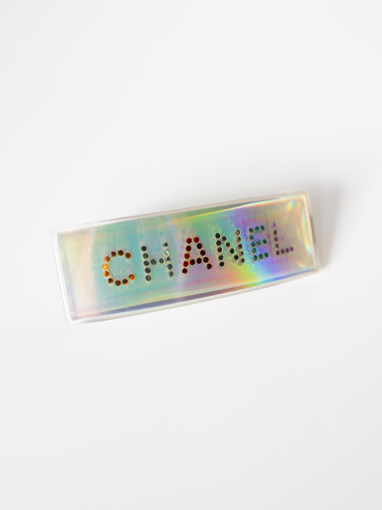 Chanel 00T Iridescent Crystal Logo Hair Barrette – 3.5"