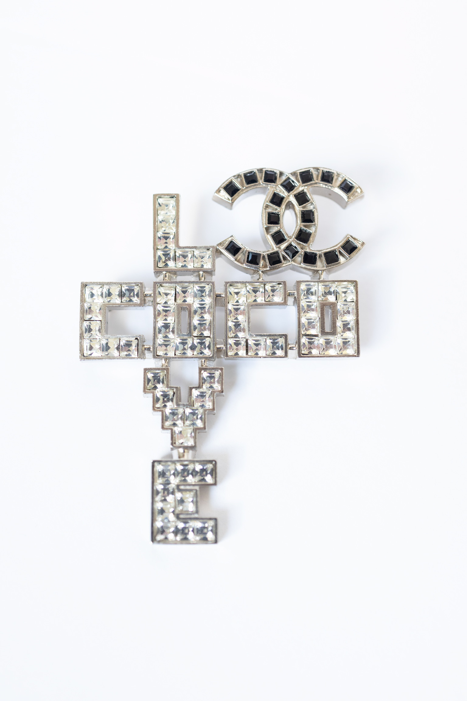 Chanel 08P Black and White Crystal COCO LOVE Brooch – Silver-Tone