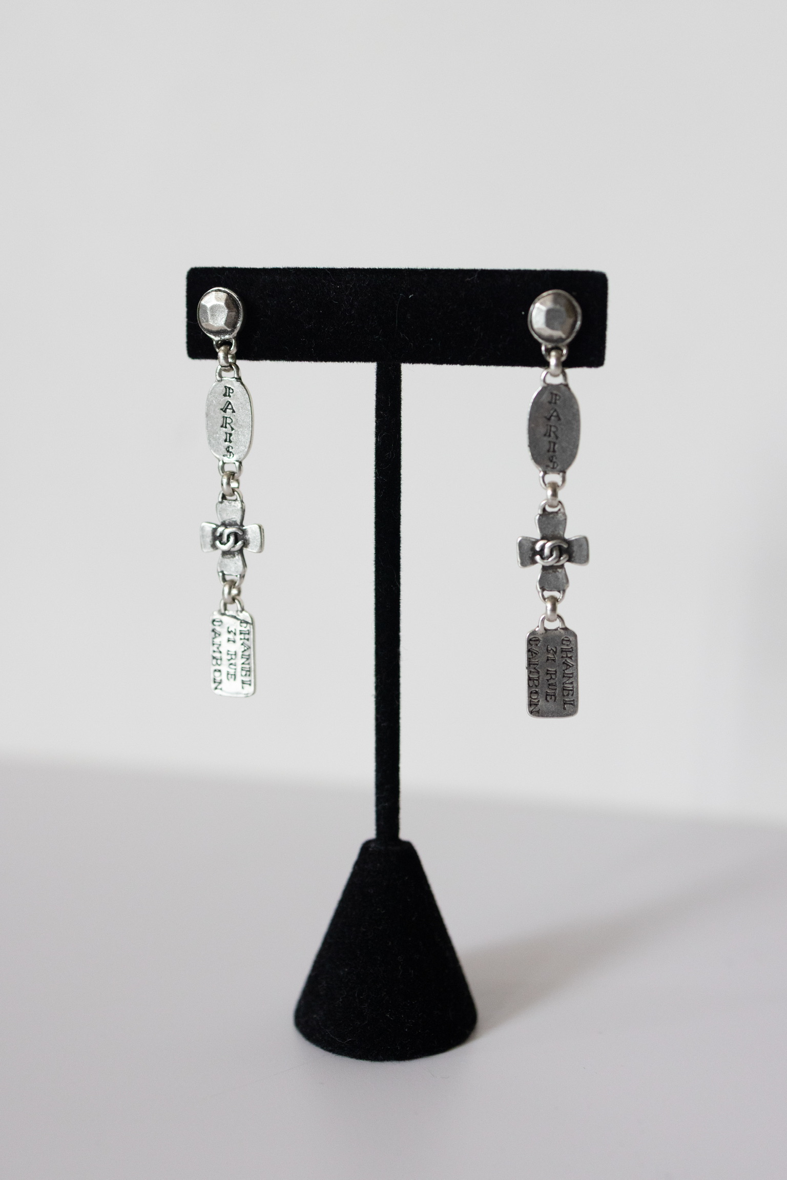 Chanel 99A Silver-Tone Paris Cambon Charm Drop Earrings – 2.25"