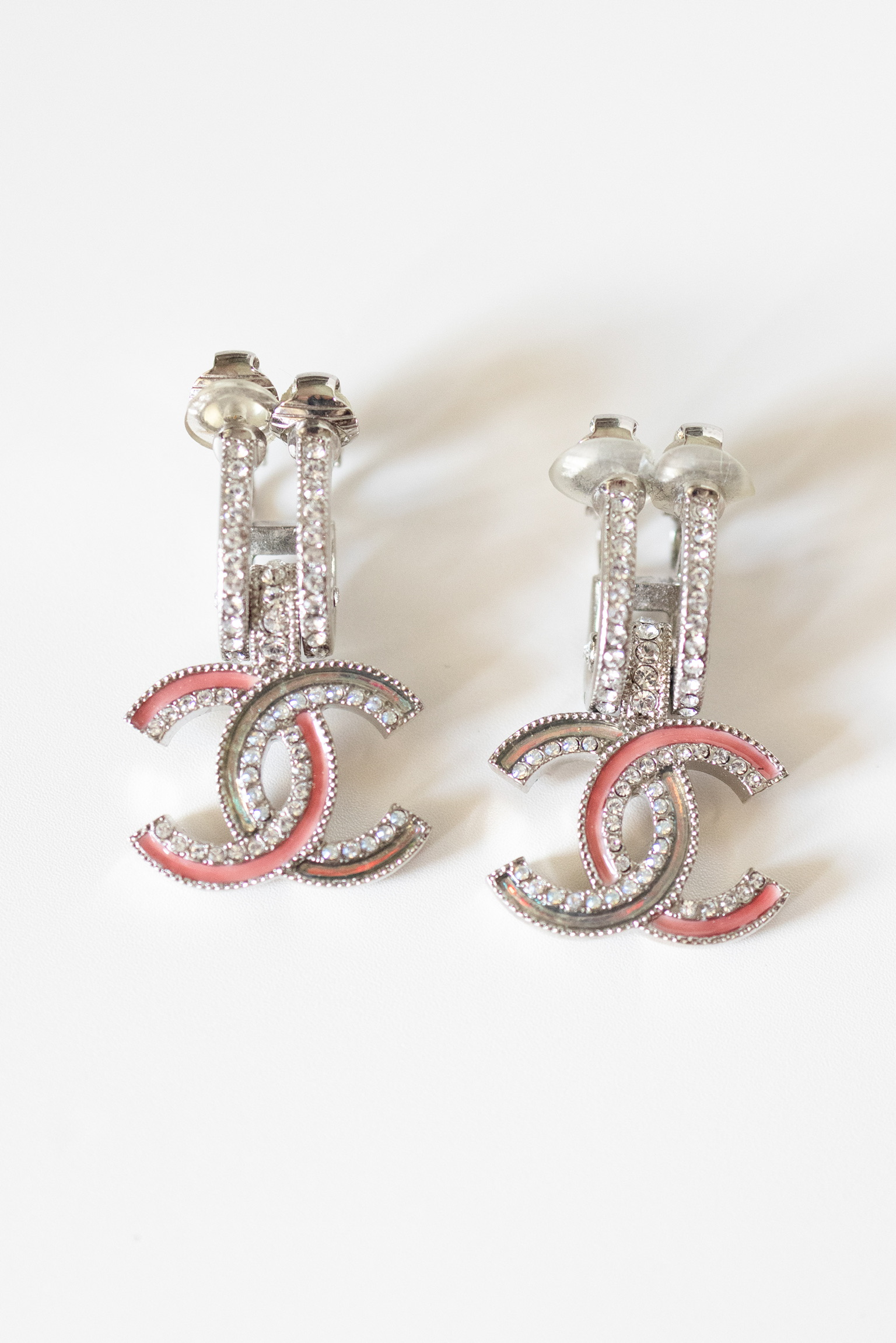 Chanel 2017 Silver-Tone Pink Crystal CC Drop Earrings – 1.5"