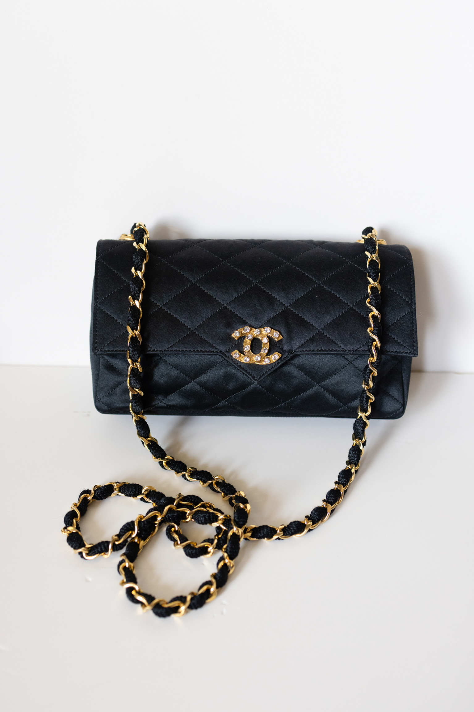 Vintage Chanel 0 Series Black Satin Crystal CC Flap Bag
