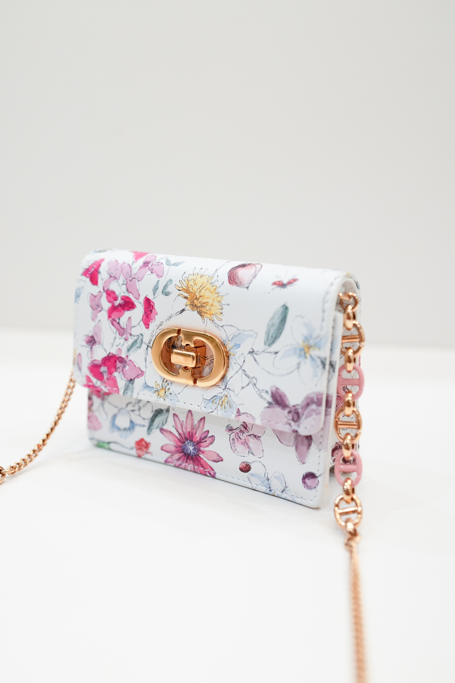 Dior Caro Floral Micro Chain Bag – White Botanical Print Leather