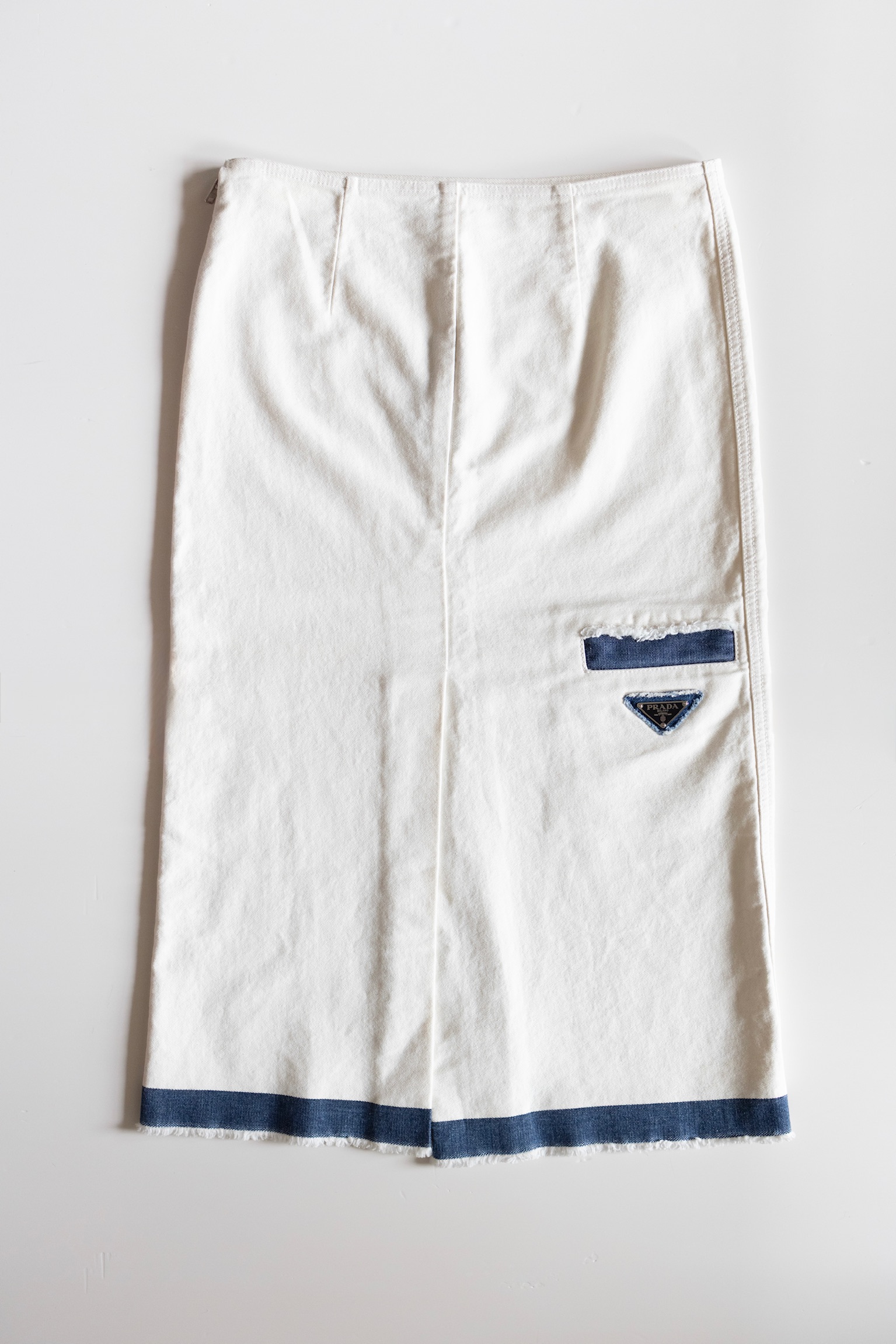 Prada White Denim Midi Skirt with Blue Trim – Size 38
