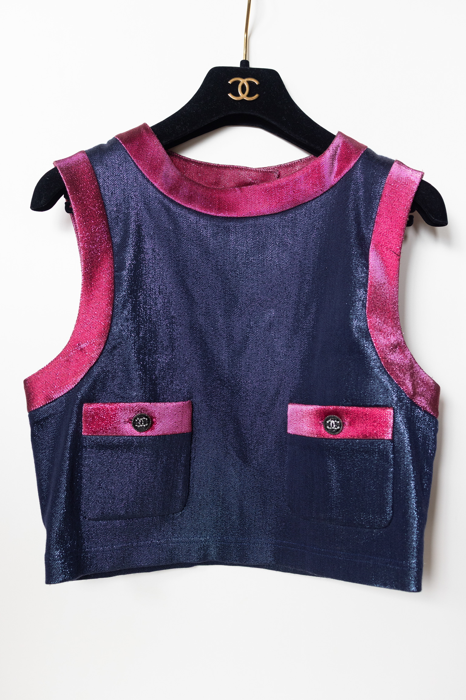 Chanel 22K Blue and Pink Metallic Cropped Sleeveless Top – Size 38