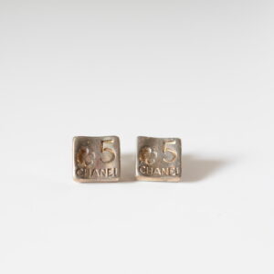 Chanel 925 Sterling Silver No. 5 and Camelia Square Stud Earrings – 0.5"
