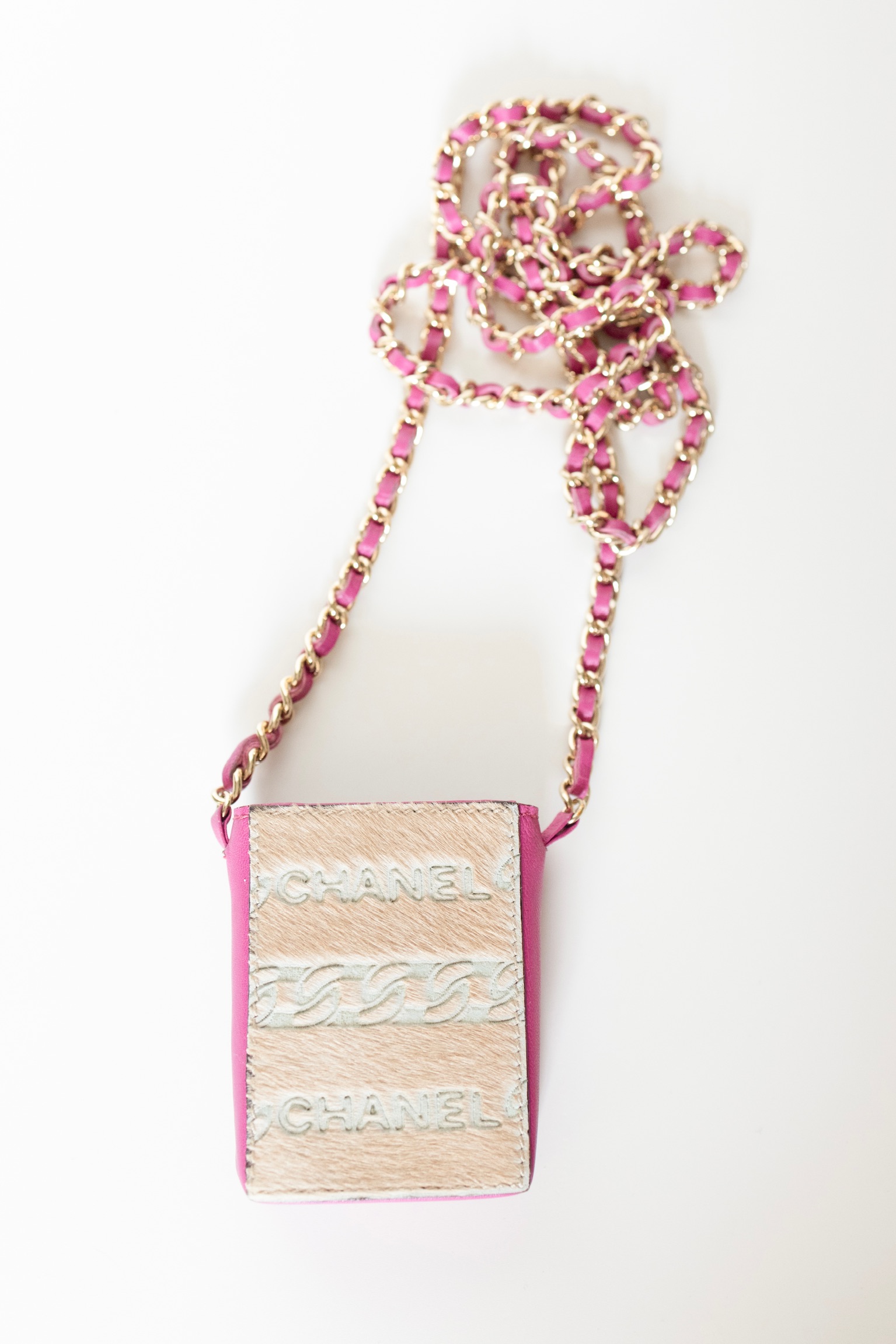 Vintage Chanel 00P Pink Leather and Pony Hair Mini Crossbody Necklace Bag